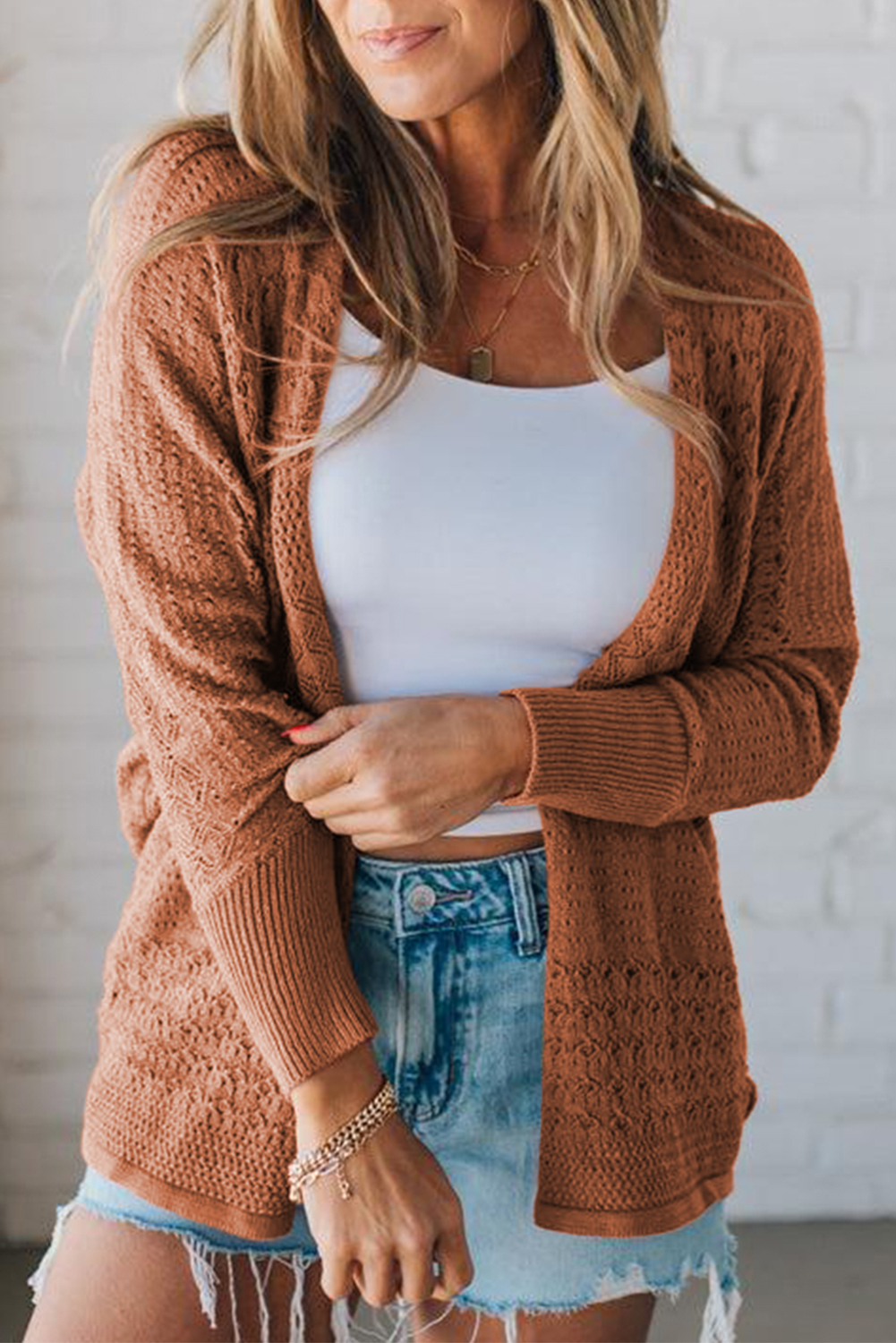 $9.13 Redwood Burl Mix Pattern Hollowed Knit Open Front