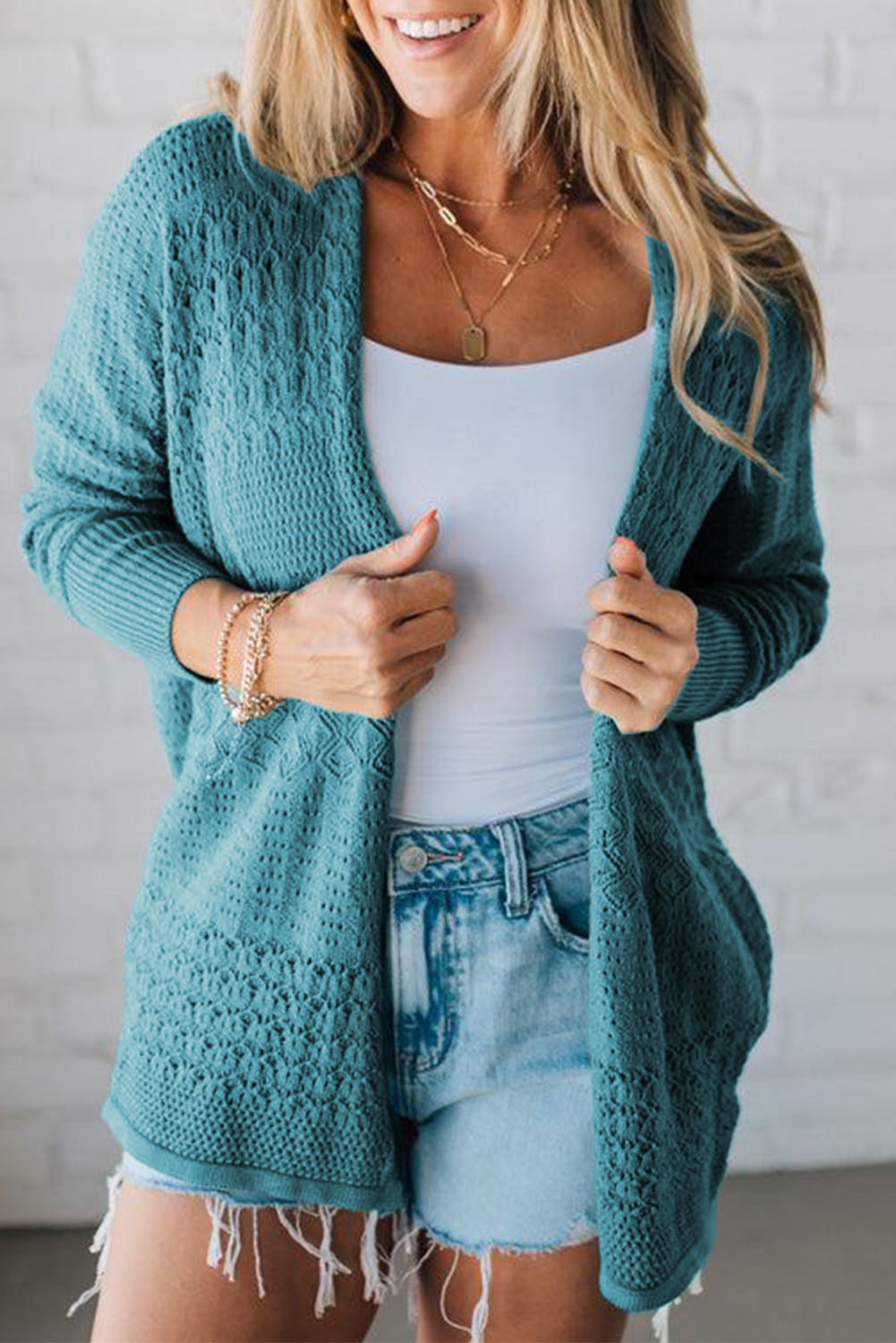 $9.13 Lapis Mix Pattern Hollowed Knit Open Front Cardigan
