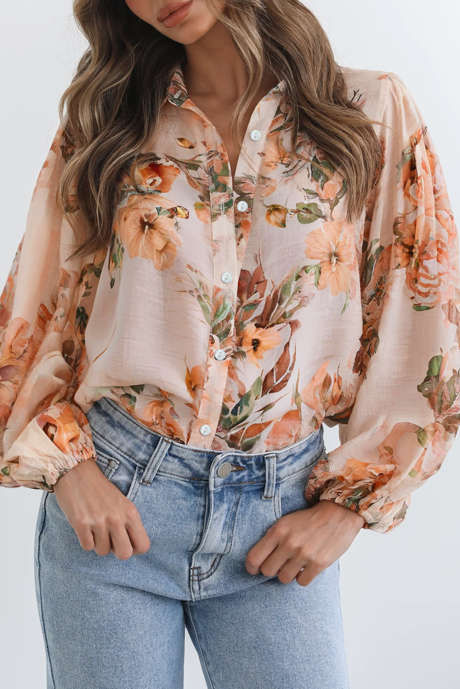 Camisa ligera con mangas abullonadas y estampado floral naranja