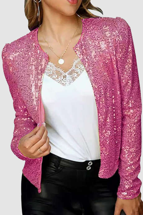 鮮やかなピンクのスパンコールがあしらわれたパーティークラブボンバージャケット