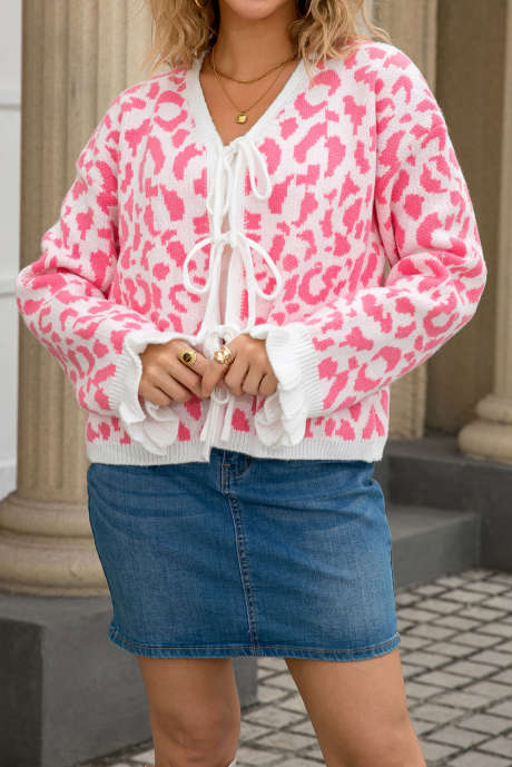 Pink Leopard Print Tie Front Frilled Cuffs Drop Shoulder Sweater Cardigan