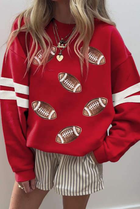 Fiery Red Football Rugby Print Oversized Varsity Sweatshirt