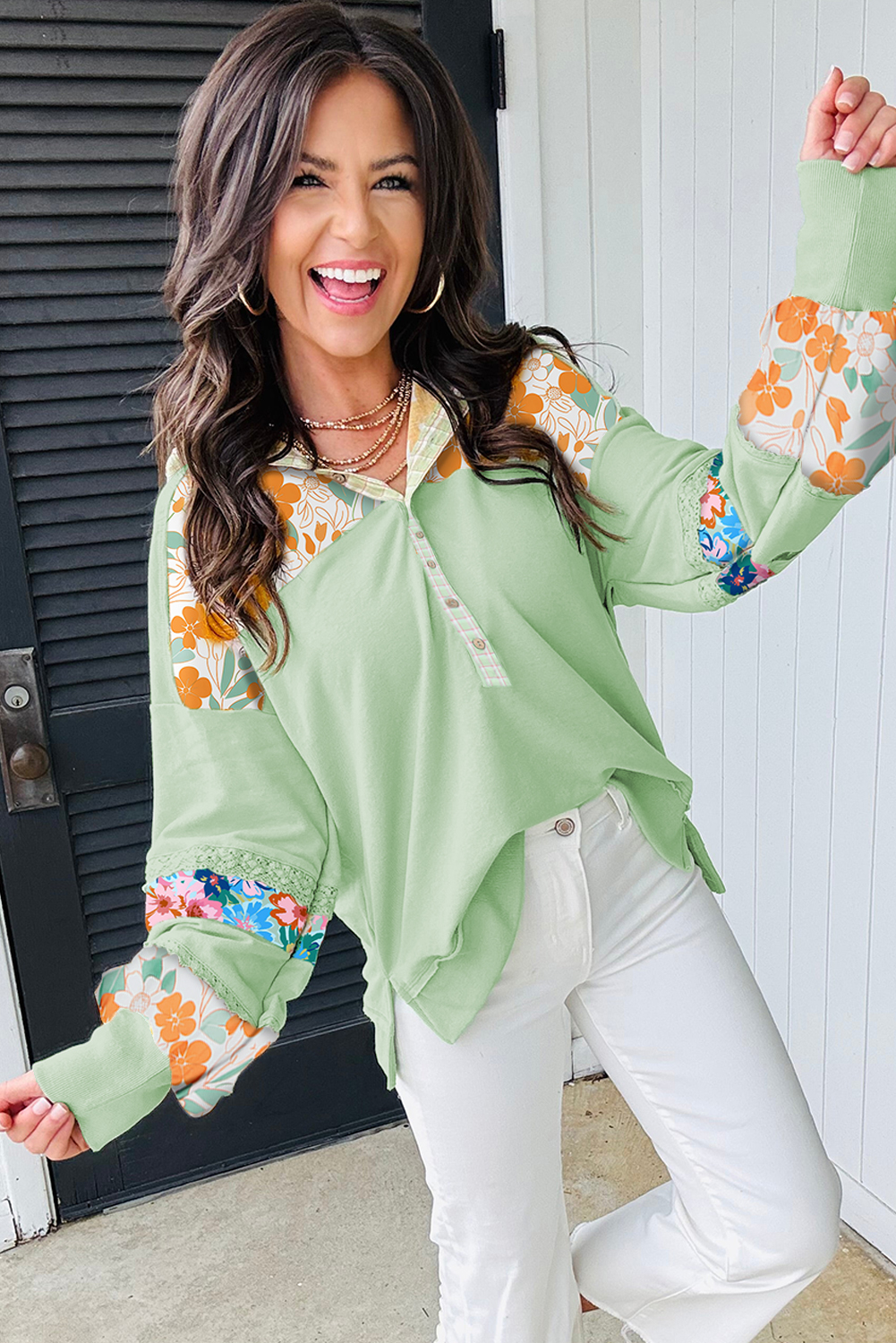 $12.02 Clearly Aqua Lace Floral Patchwork Half Button Hooded
