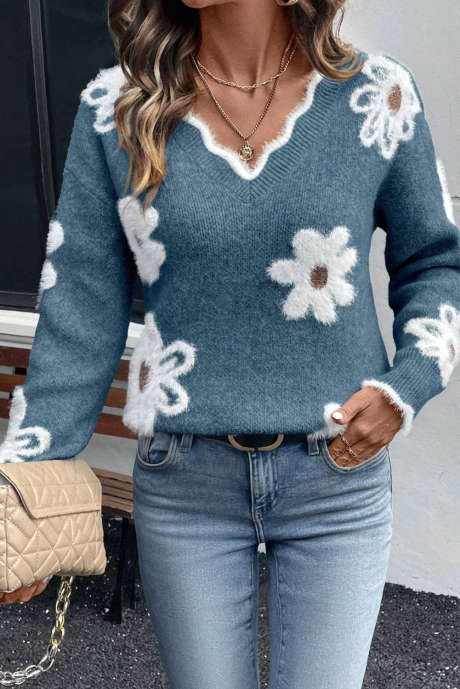 Suéter de cuello en V con ribete festoneado y estampado floral en azul crepúsculo LC2727193-P704