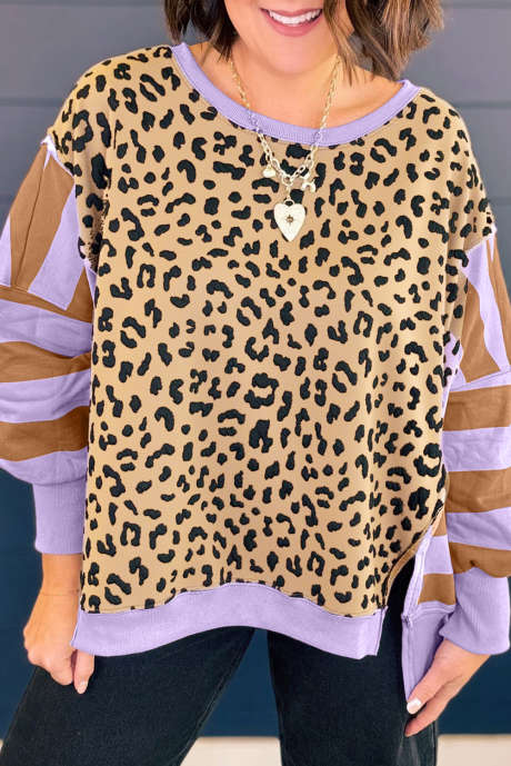 Sudadera holgada de talla grande con parches de leopardo y rayas moradas