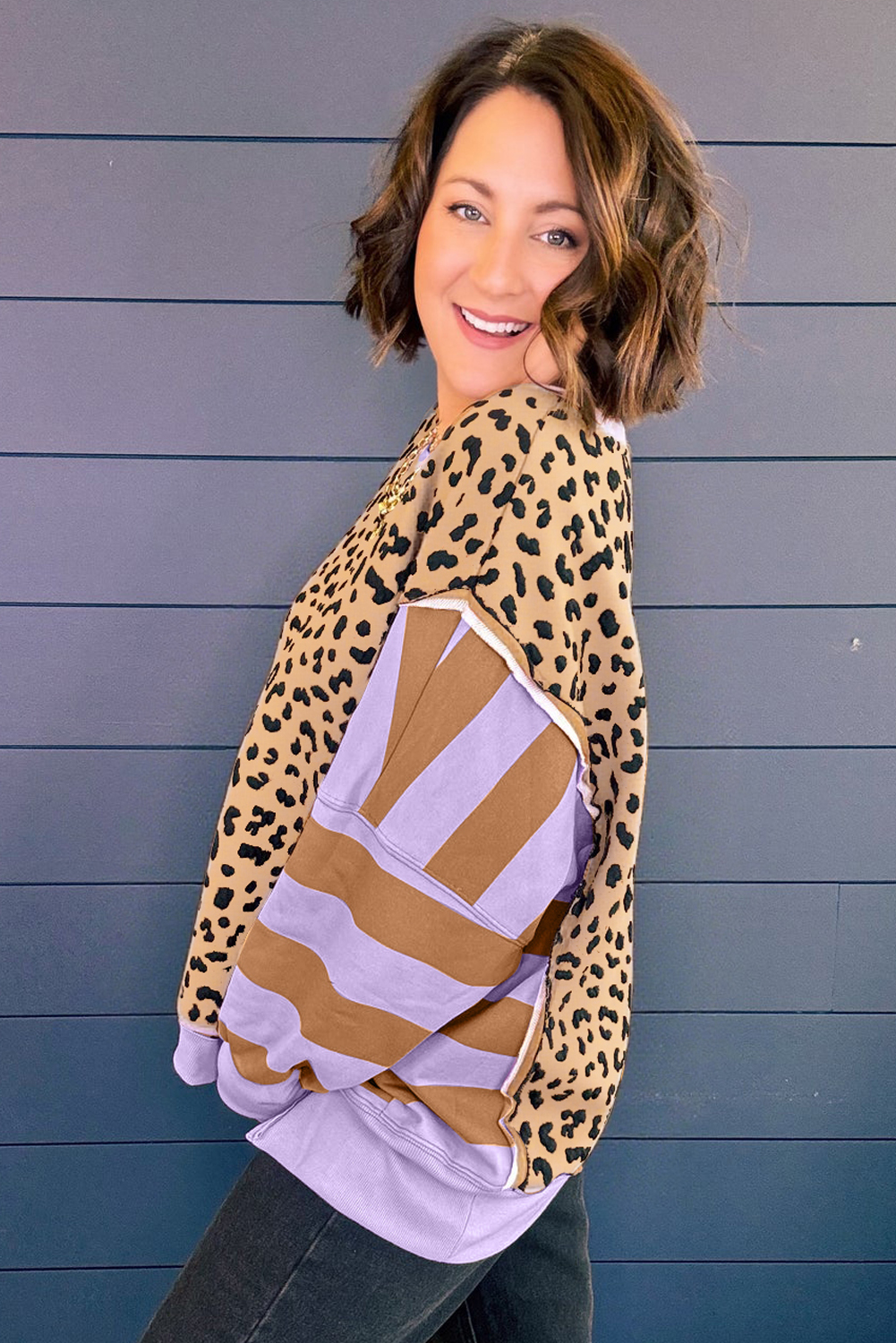 $8.95 Purple Leopard Striped Patchwork Plus Size Loose