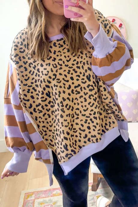 Sudadera informal con estampado de leopardo, rayas moradas y bloques de color con aberturas