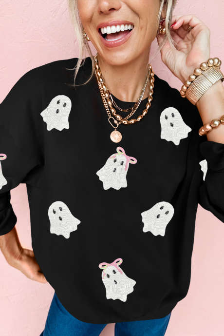 Felpa girocollo con fiocco e paillettes nere e grafica fantasma per Halloween