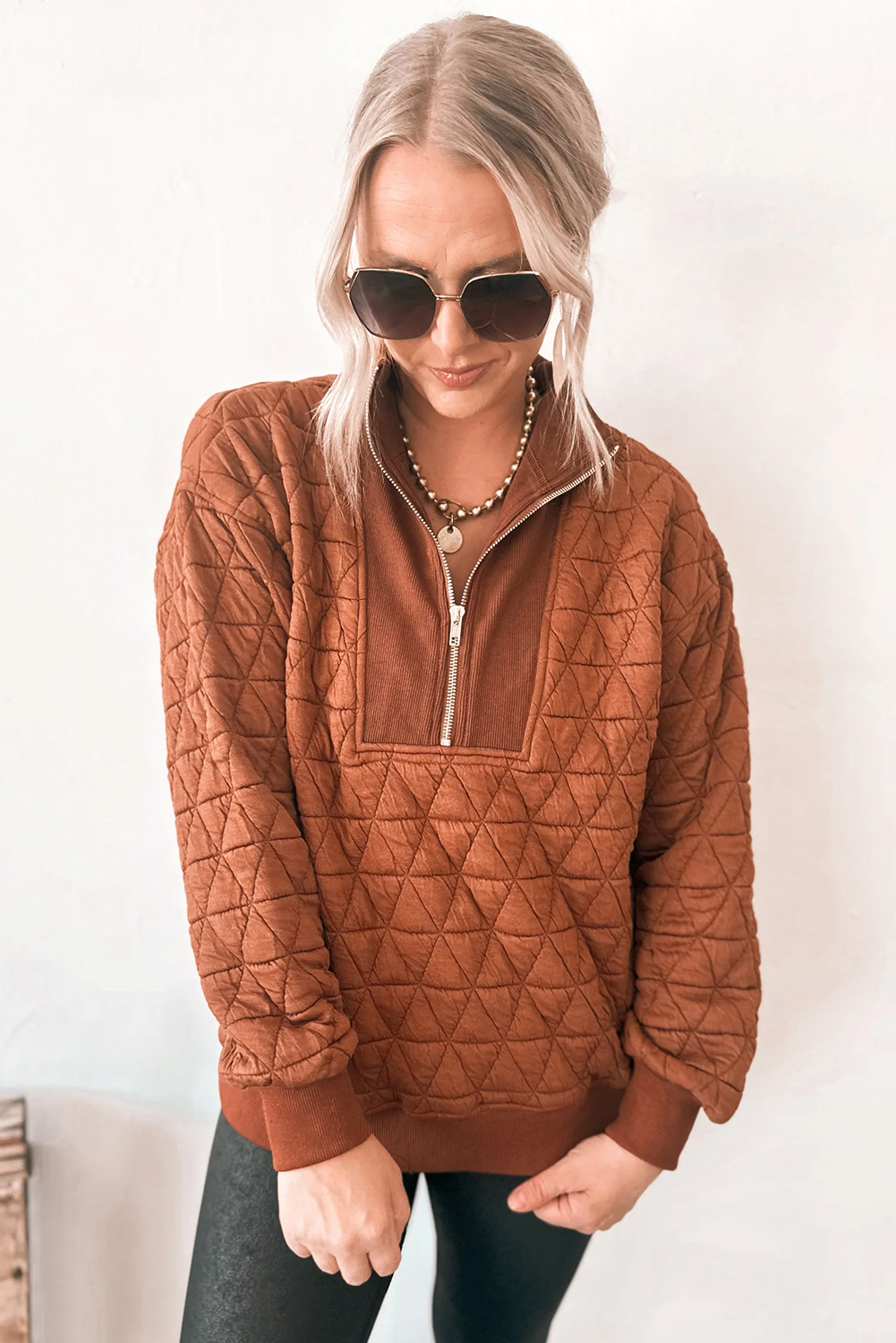 $11.13 Straw Yellow Geometric Quilted Half Zipped Loose