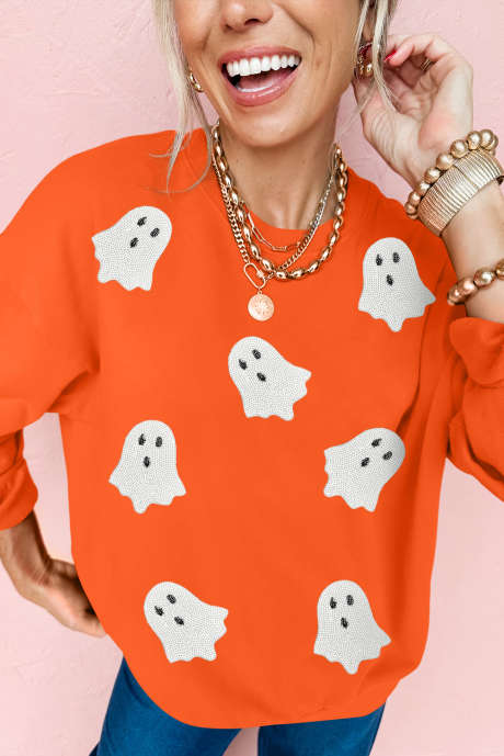 Felpa con spalle scese e toppe fantasma di Halloween con paillettes arancioni