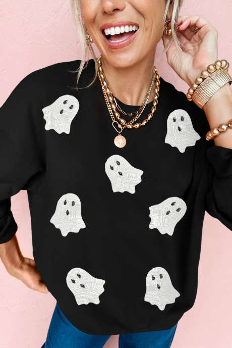 Черная толстовка с заплаткой в виде призрака на Хэллоуин с пайетками и спущенными плечами