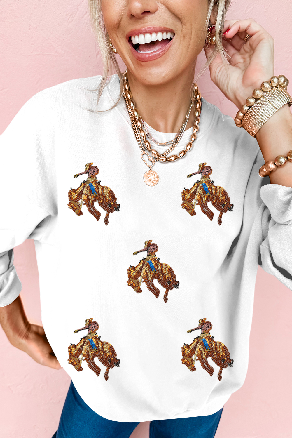 ⭐️珍品⭐️80s~90sEddieBauer snap sweat $8.5 White Sequin Rodeo Patched Drop Shoulder Sweatshirt