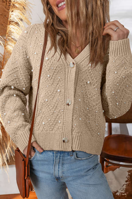 Smoke Gray Pearl Embellished Button Front V Neck Sweater Cardigan