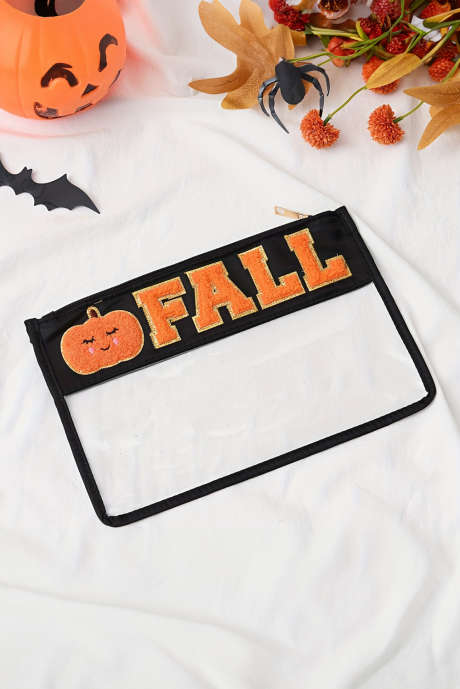 Astuccio trasparente con cerniera e dettagli in ciniglia con zucca arancione FALL