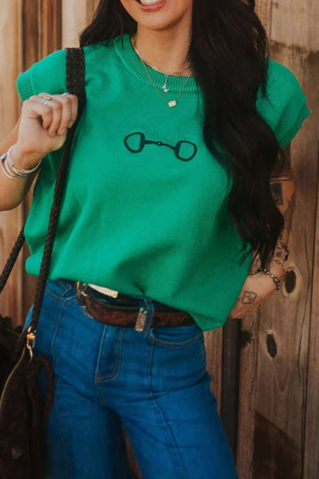 Pull ample à manches courtes brodé avec mors de cheval vert vif