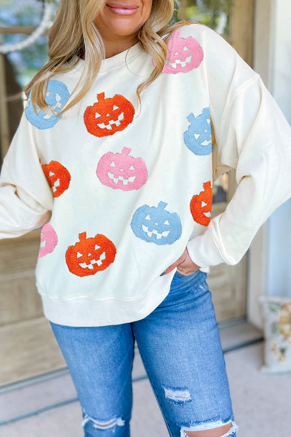 $10.82 White Halloween Pumpkin Patched Loose Sweatshirt