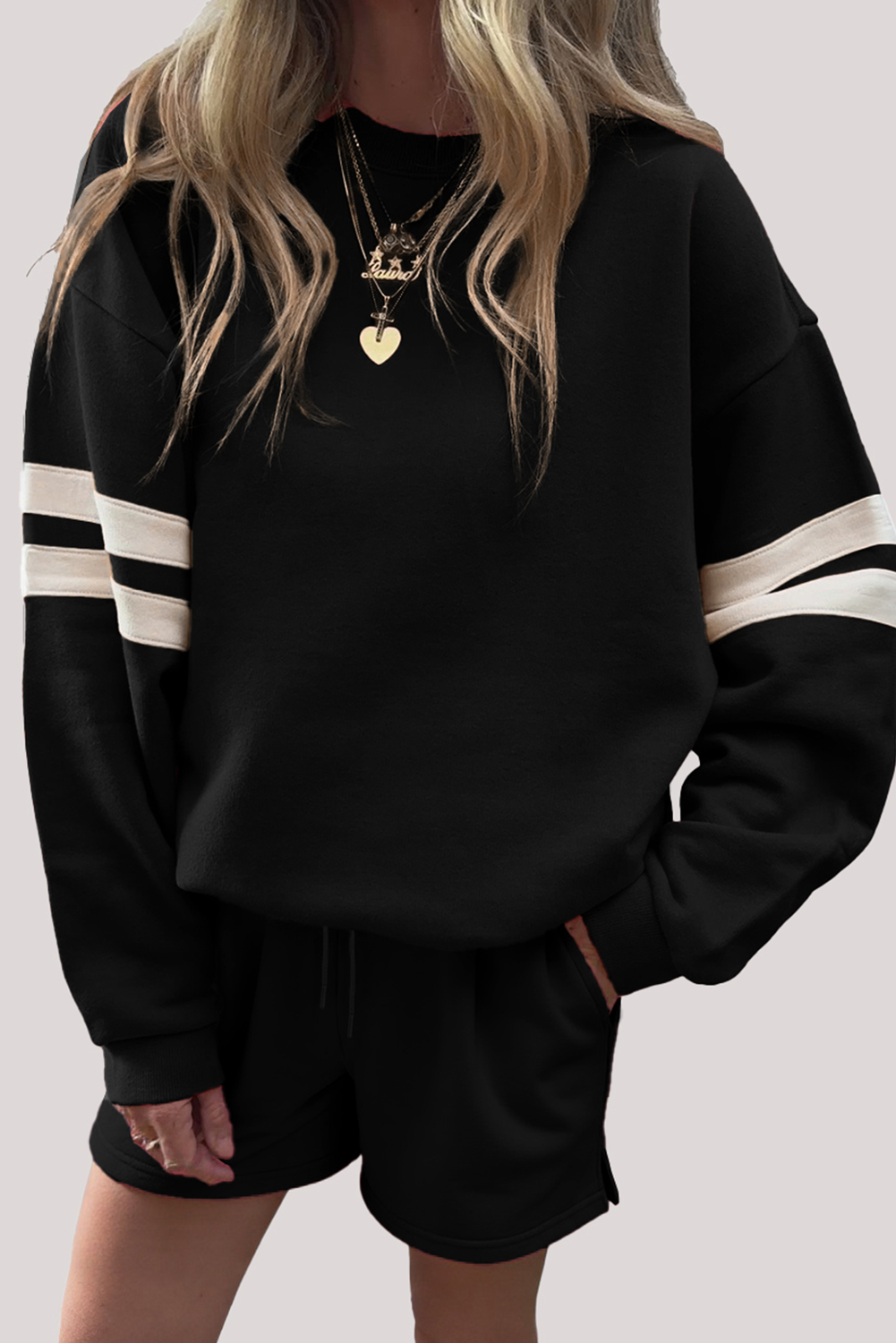 $12.76 Black Varsity Striped Sleeve Drop Shoulder Sweatshirt