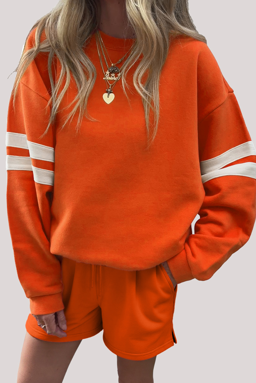 $12.76 Orange Varsity Striped Sleeve Drop Shoulder