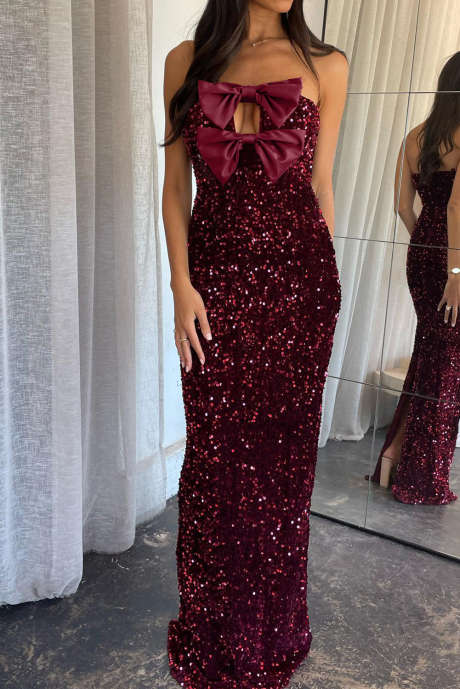 Vestido longo de festa sem alças com laço de cetim e lantejoulas dahlia vermelha