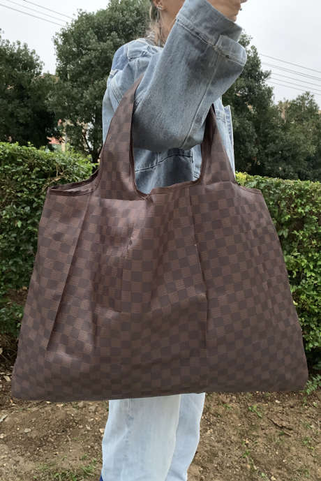 Bolso grande portátil con estampado de cuadros de moda color café