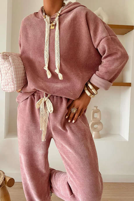 Ensemble en velours côtelé avec sweat à capuche et pantalon taille haute en dentelle rose tan
