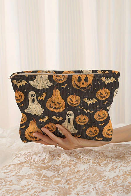 Bolsa de maquillaje con estampado de fantasmas y calabazas de Halloween a rayas negras