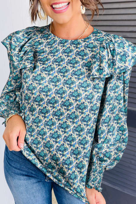 Blusa de manga bufante com estampa abstrata verde franzida