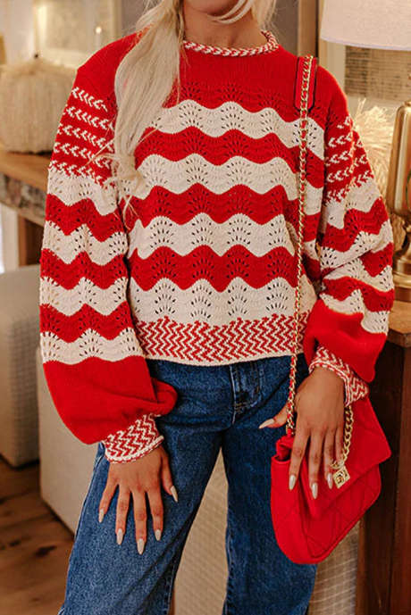 ブラックストライプ ポインテールニット コントラストトリム パフスリーブセーター