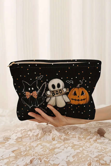 Bolsa de maquillaje acanalada con estampado de Halloween, color negro