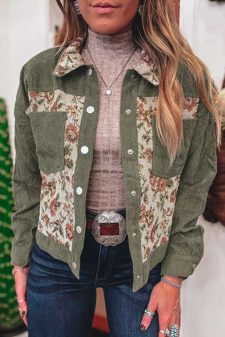 Chaqueta estilo camisa de patchwork floral retro acanalada verde salvia