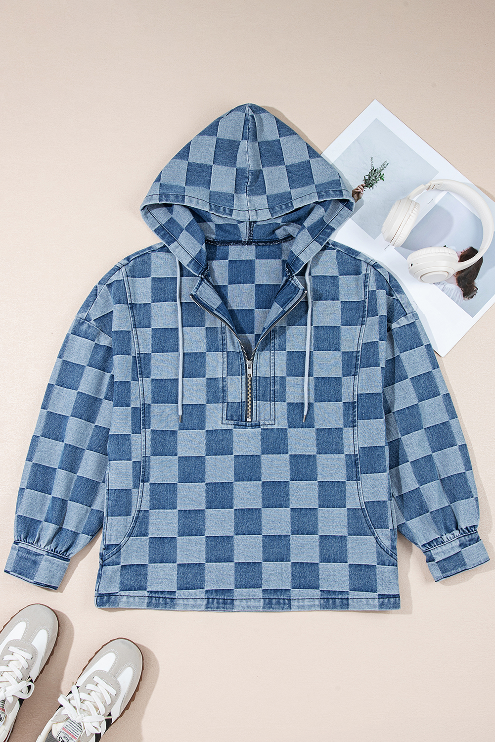 【関税・送料込】Kangaroo pocket sweatshirts - 478 $14.49 Sky Blue Checkerboard Zipped Neck Kangaroo Pocket