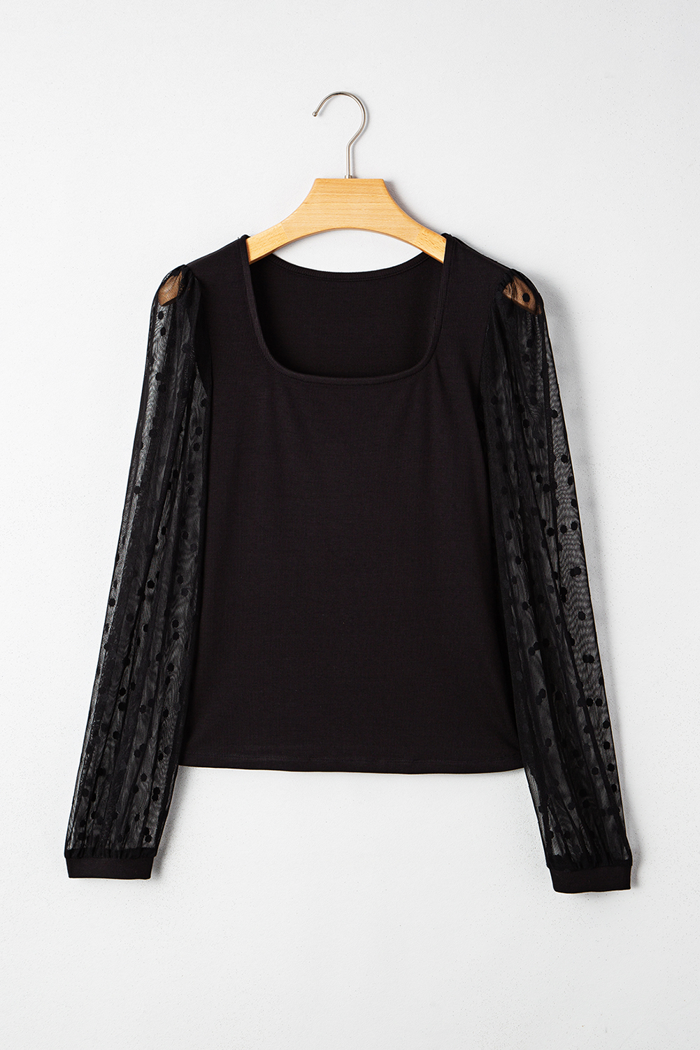 $5.01 Black Polka Dot Mesh Puff Sleeve Patchwork Ribbed