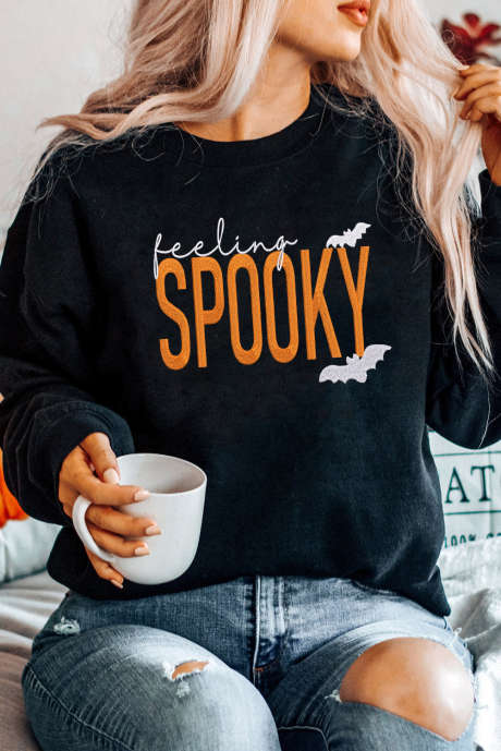 Áo nỉ rộng thùng thình thêu họa tiết Halloween ma quái màu đen