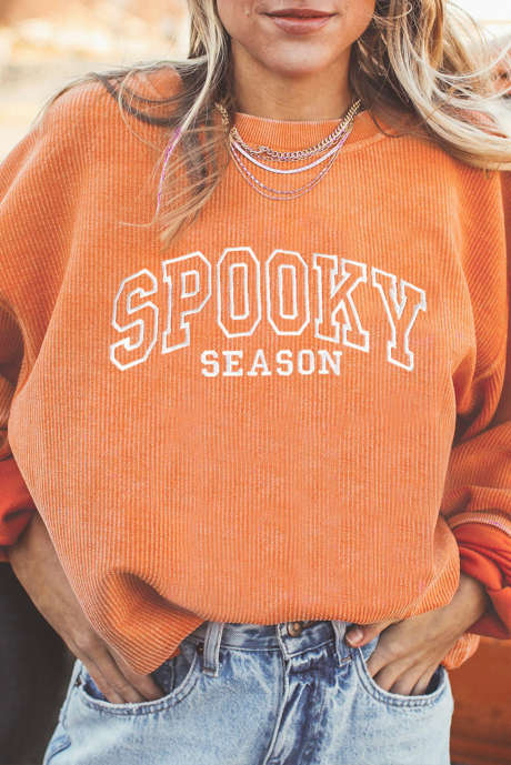 Hanorac portocaliu cu imprimeu grafic brodat cu litere SPOOKY SEASON, cu nervuri răsucite