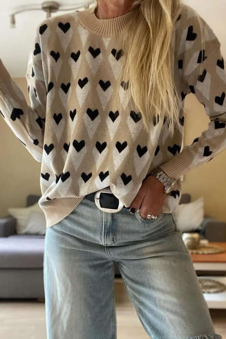 Perkament geometrische hartprint geribbelde losse trui