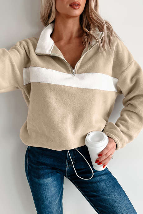 Parchment Fleece Colorblock Patchwork Pullover mit Reißverschluss am Hals
