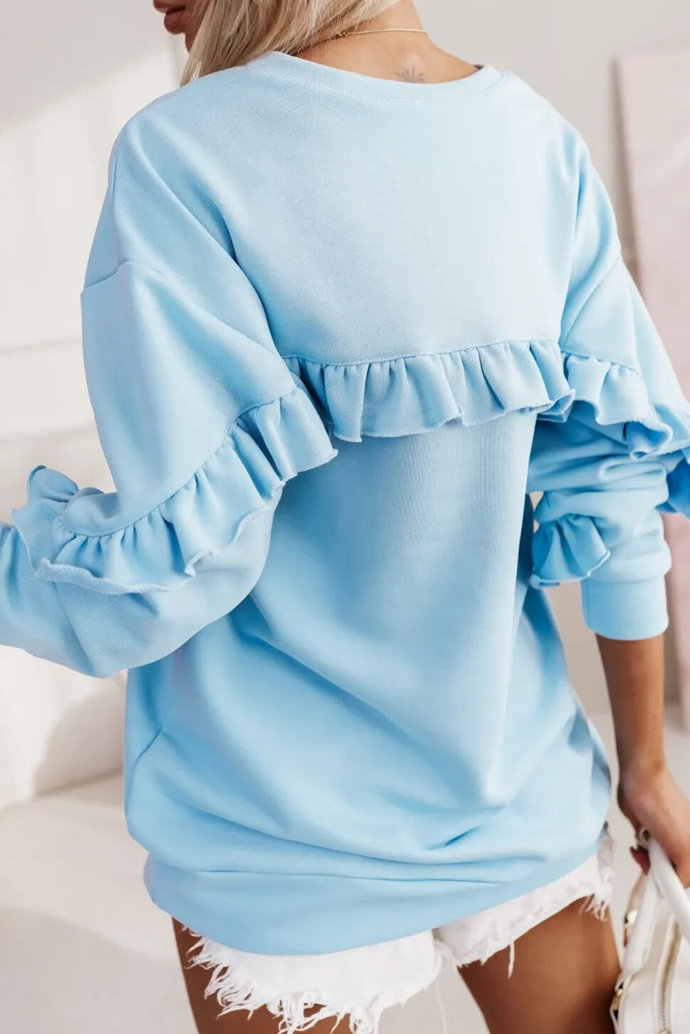 $8.05 Mist Blue Solid Color Ruffled Trim Drop Shoulder Tunic Sweatshirt ...