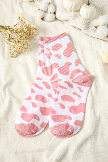Rosa Crew-Socken mit geripptem Kuh-Print