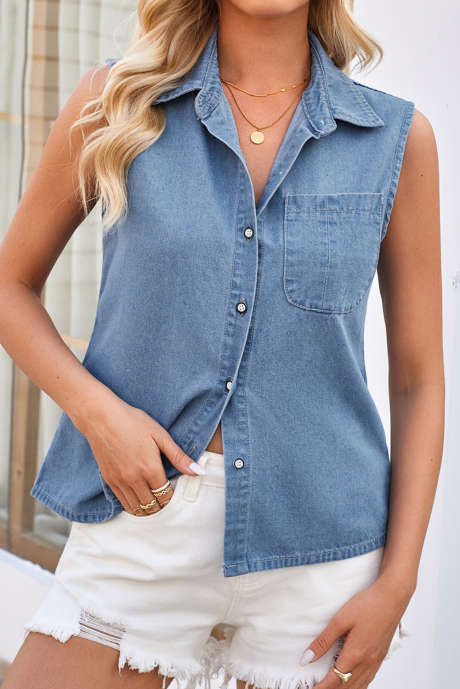 Gilet en jean bleu ciel à col et poche poitrine unique, style chemise sans manches