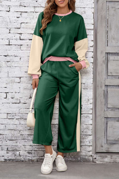 Blackish Green 2pcs Color Block Pullover Loose Pant Set LC626455-P309