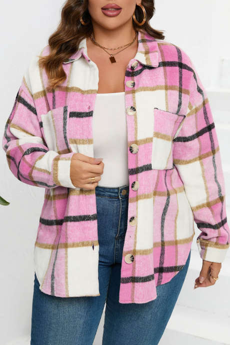 Růžová kostkovaná bunda s dlouhým rukávem a kapsou, zapínání na knoflíky