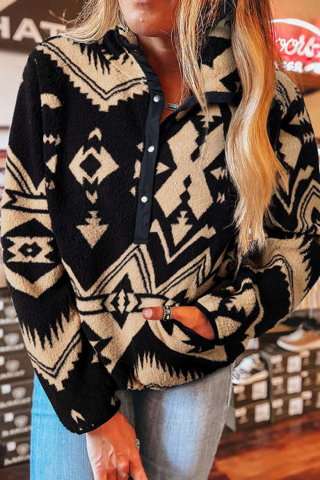 Schwarzes Plüsch-Sweatshirt mit halbem Reißverschluss im Western-Azteken-Stil