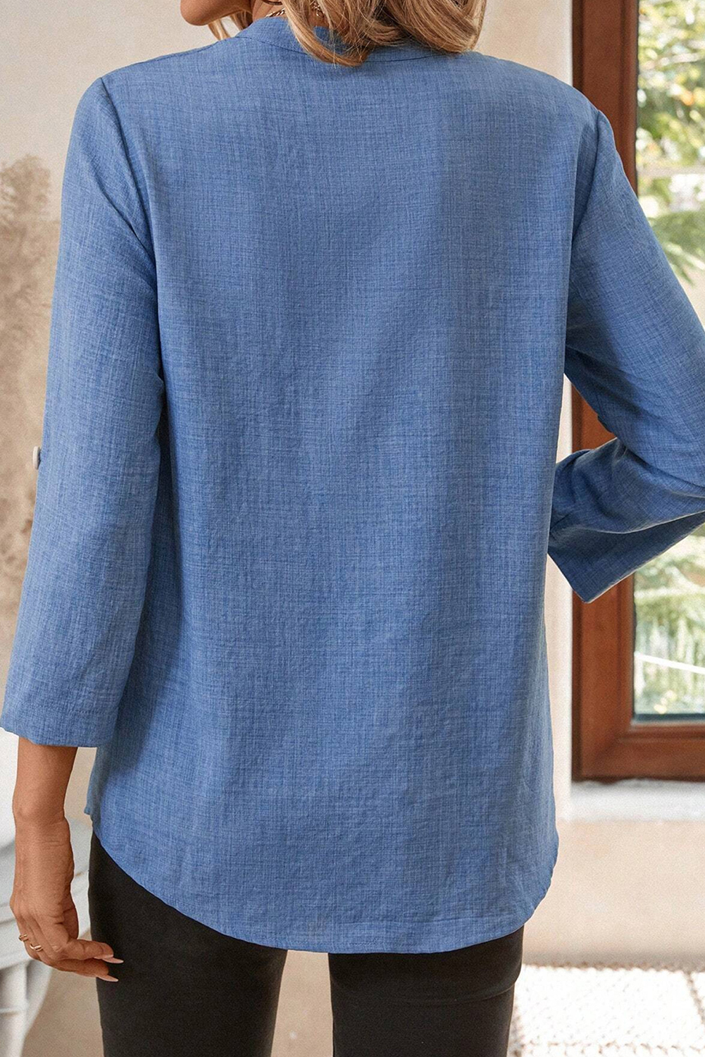 Roll-Up Sleeve Notched Blouse