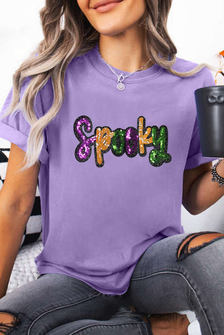 Tricou din amestec de bumbac cu litere petice cu paiete Wisteria Spooky