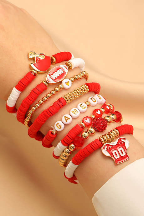 Conjunto de pulseiras empilháveis Fiery Red com 8 peças para o Dia do Jogo