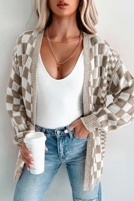 ブラウンチェック柄オープンフロントドロップショルダーカーディガン