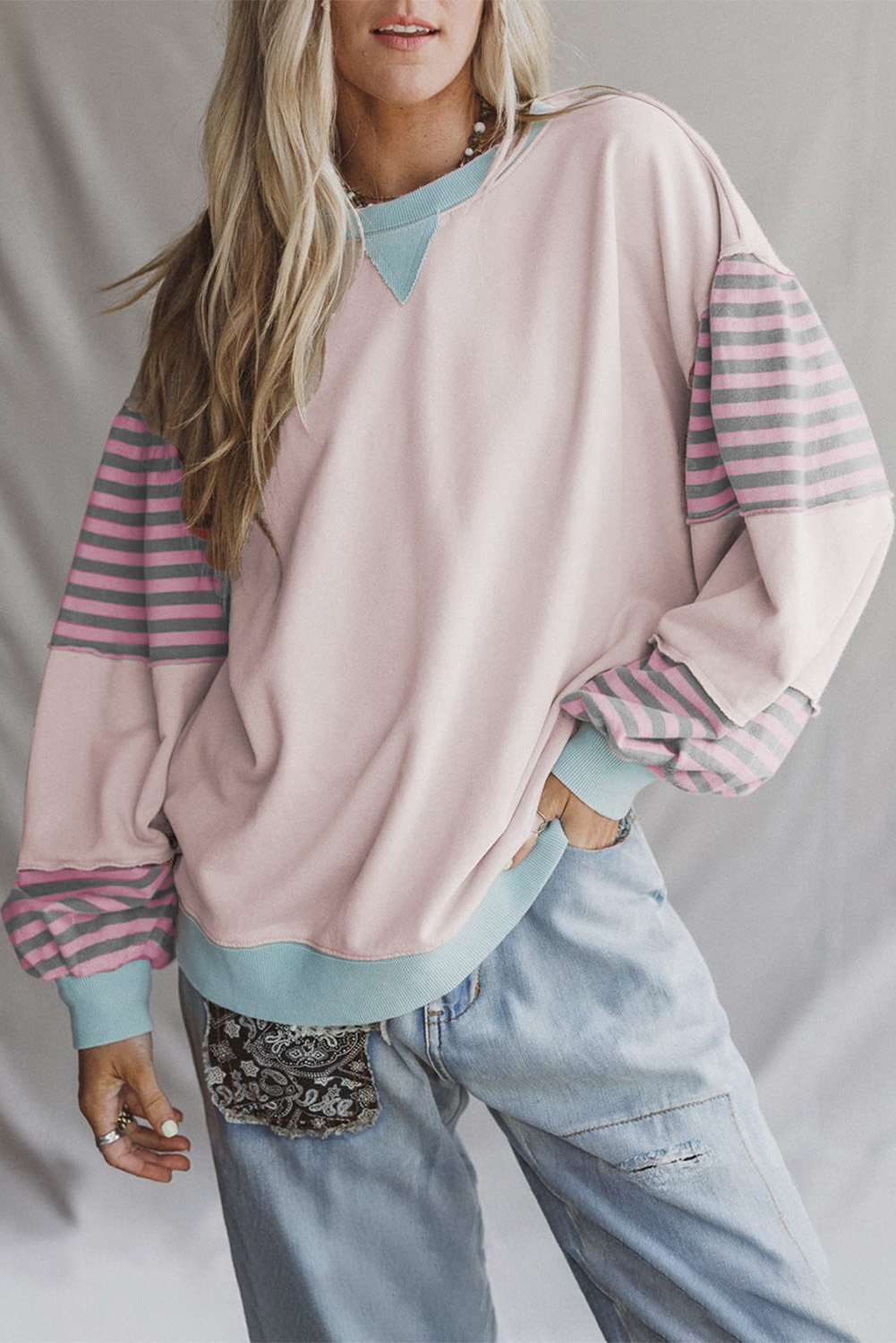 苺　0520-1 $8.37 Delicacy Striped Colorblock Patchwork Drop Shoulder