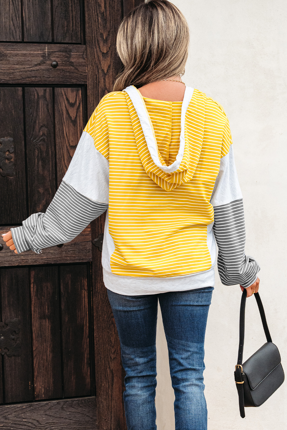 $8.96 Yellow Stripe Color Block Drawstring V Neck Loose Fit