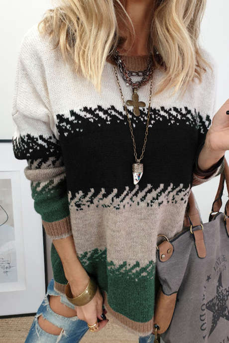 ブラックのスタイリッシュなカラーブロック柄ドロップショルダーセーター