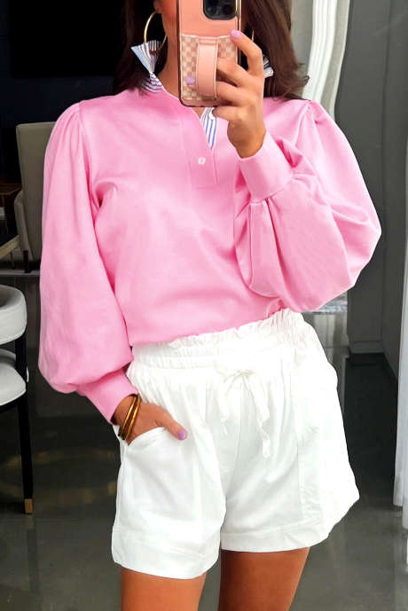 سويت شيرت بونبون مخطط بياقة وأكمام منتفخة بأزرار LC25319522-P3010